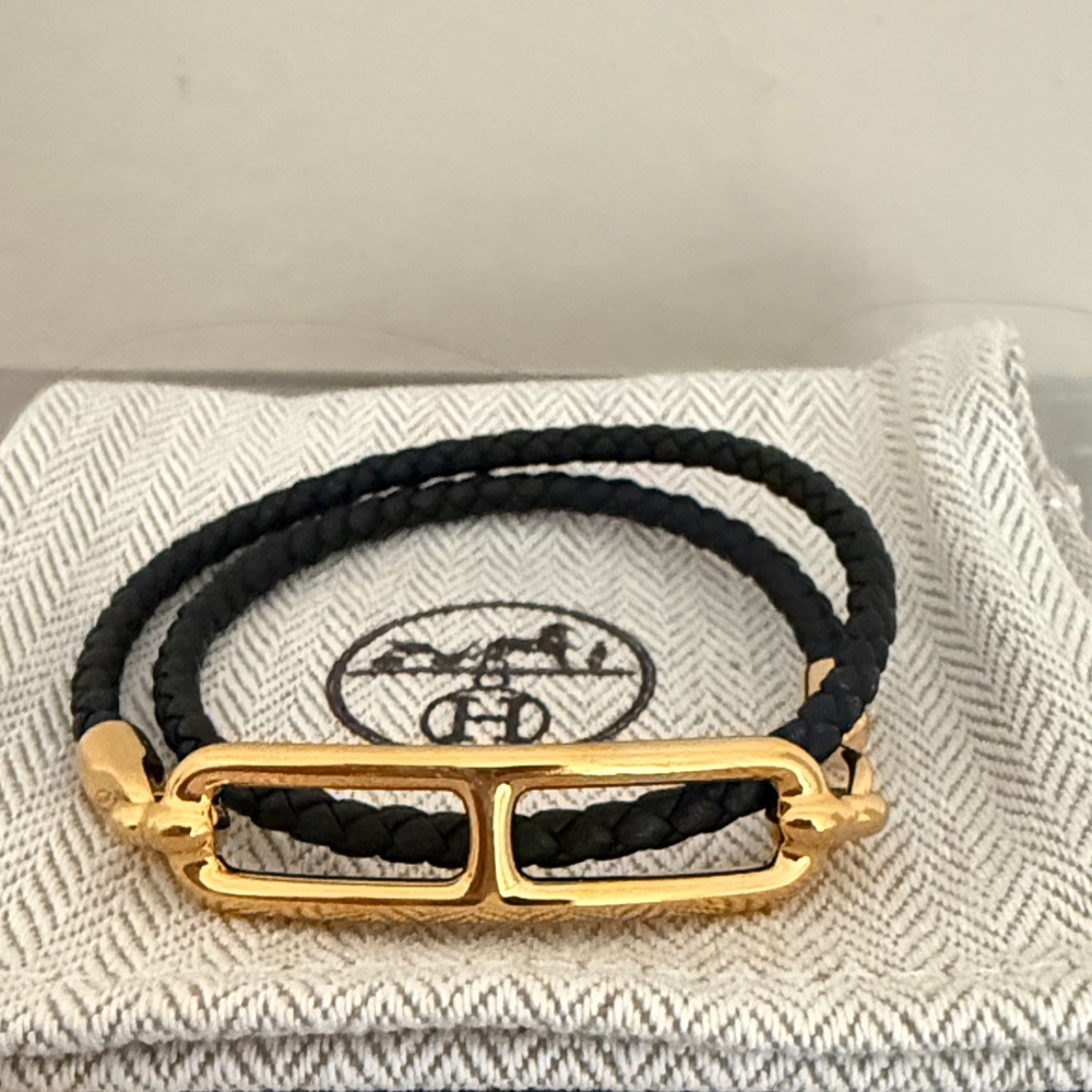 Hermes Black Braided Double Wrap Bracelet with Gold Hardware